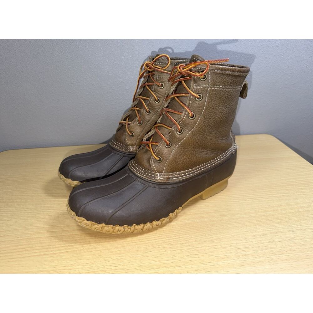L.L. Bean Bean Boots Womens Size 10 Olive Green Leather Flannel Plaid Lined Duck